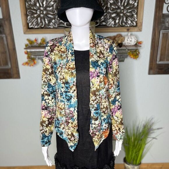 Lush Multi Colored Floral Scallop Hemline Waterfall Neckline Bolero Jacket - Picture 15 of 16